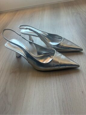 Zara Silver Pointed Slingback Heels